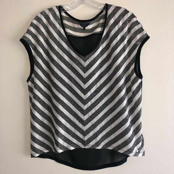 GUESS Sheer Oversized Top V Neck Chevron Stripes Black Dark Gray Gold Knitted XS - Picture 2 of 7